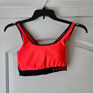 Under Armour Sports Bra Neon Coral Pink Black‎ Trim Compression Activewear Large